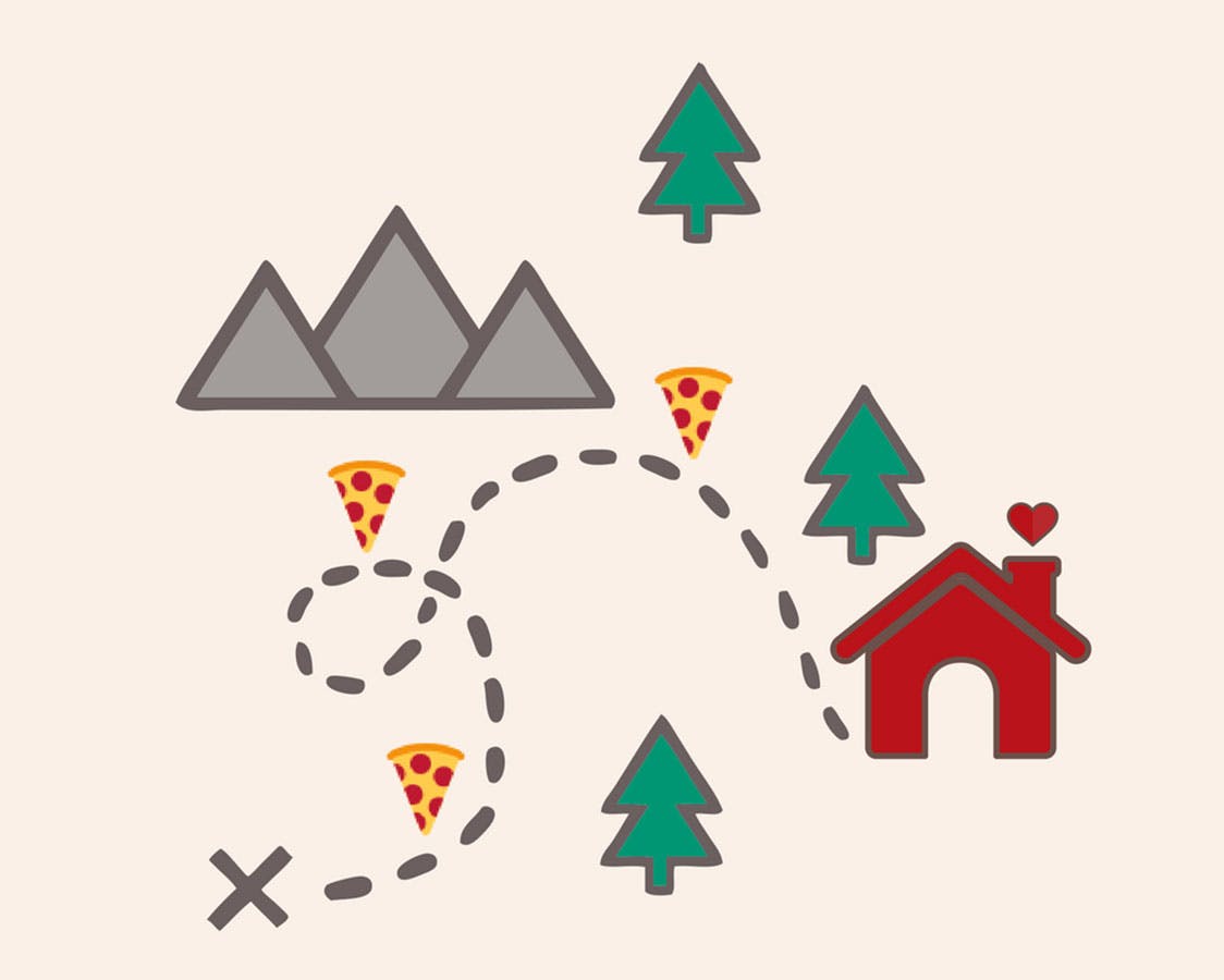 A cartoon map showing a house, a tree and pizzas 